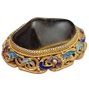Vintage Rare Vermeil Silver Filigree Enamel Tiger Eye Pin Brooch M1005
